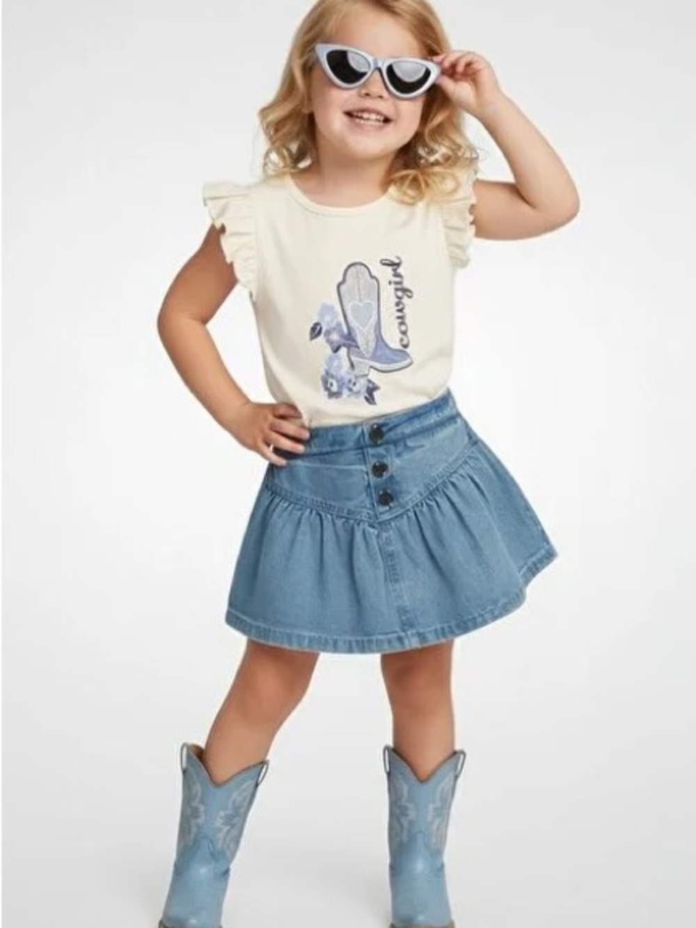 Derek Heart Girls Cowgirl Shirt & Light Blue Denim Skort